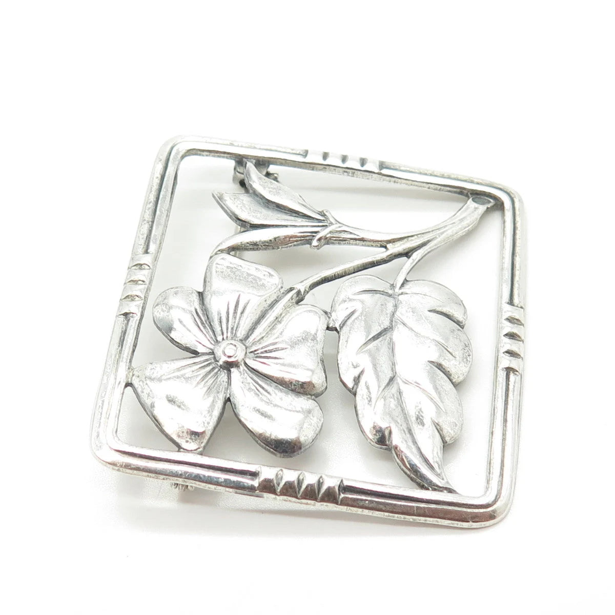 925 Sterling Silver Vintage Floral Blossom Square Pin Brooch