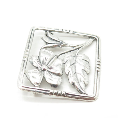 925 Sterling Silver Vintage Floral Blossom Square Pin Brooch