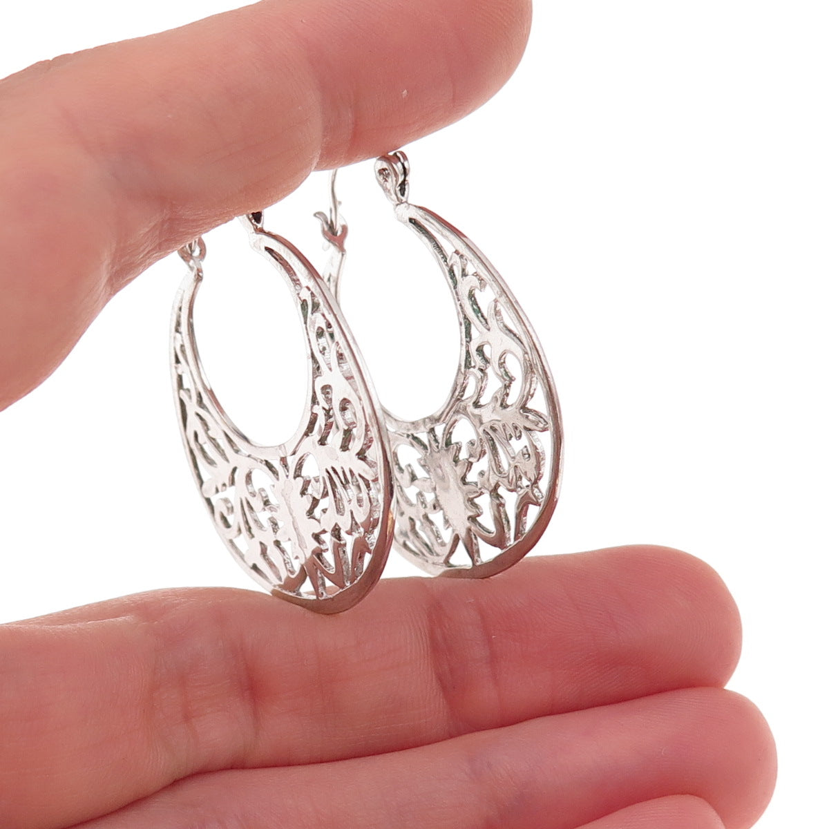 925 Sterling Silver Vintage Ornate Hoop Earrings