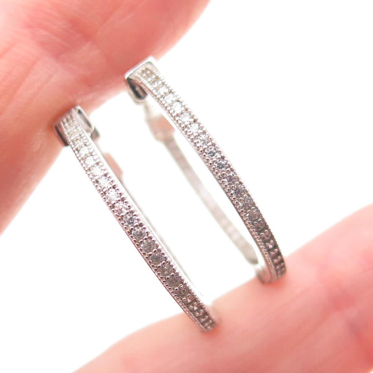 925 Sterling Silver Round-Cut C Z In & Out Hoop Earrings