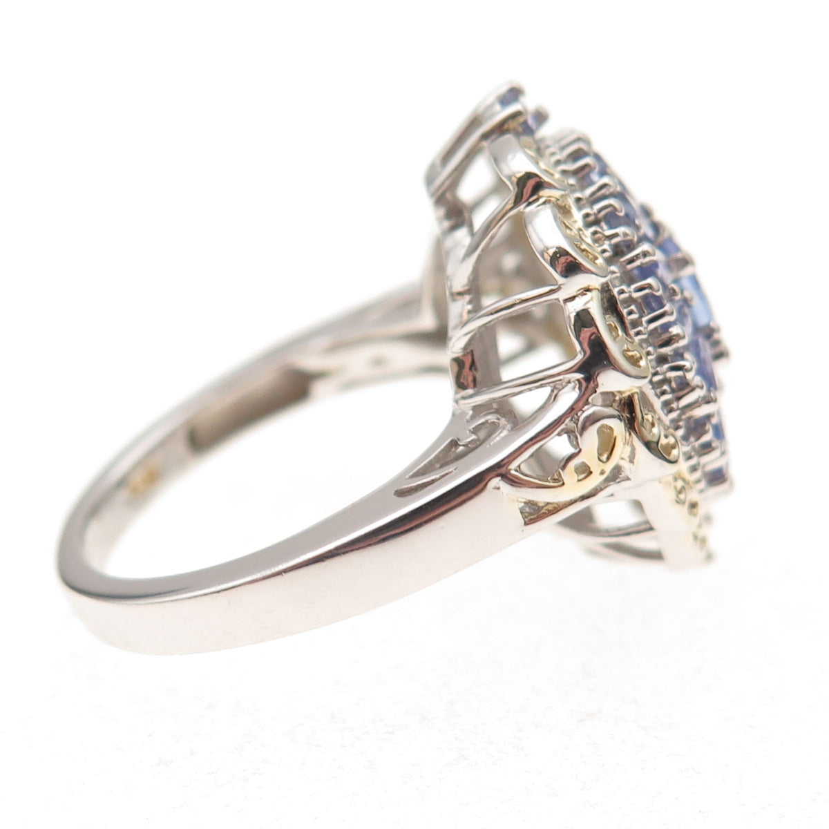 Chuck Clemency 925 Sterling Silver 2-Tone Real Tanzanite Floral Ring Size 8.25
