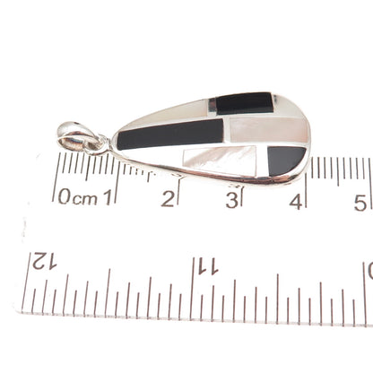 925 Sterling Silver Vintage Real Black Onyx & MOP Modernist Charm Pendant