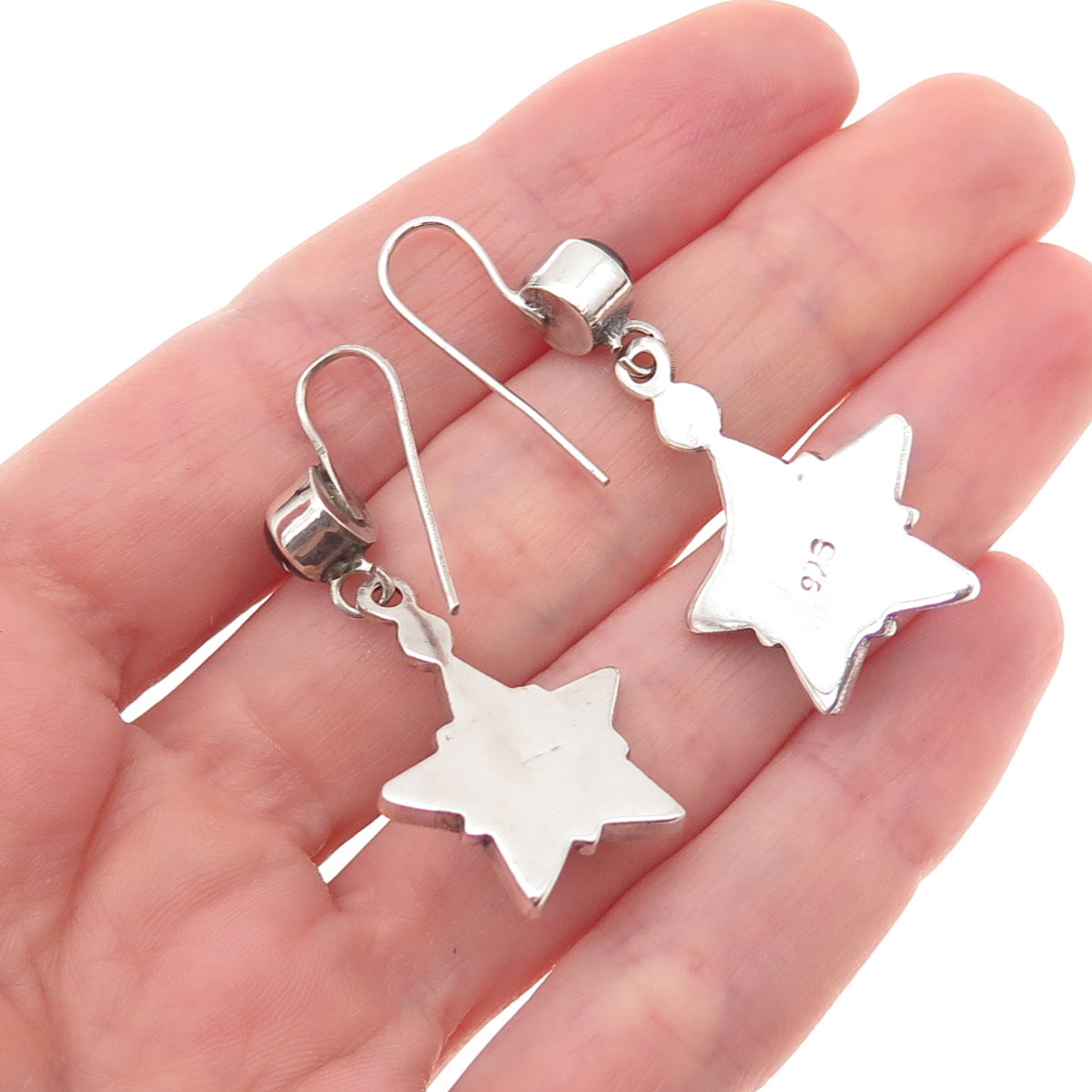 925 Sterling Silver Vintage Real Red Garnet Star Oxidized Dangle Earrings