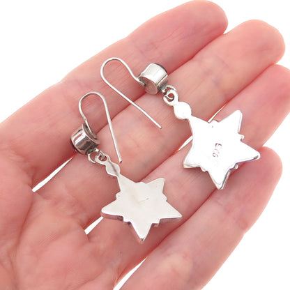 925 Sterling Silver Vintage Real Red Garnet Star Oxidized Dangle Earrings