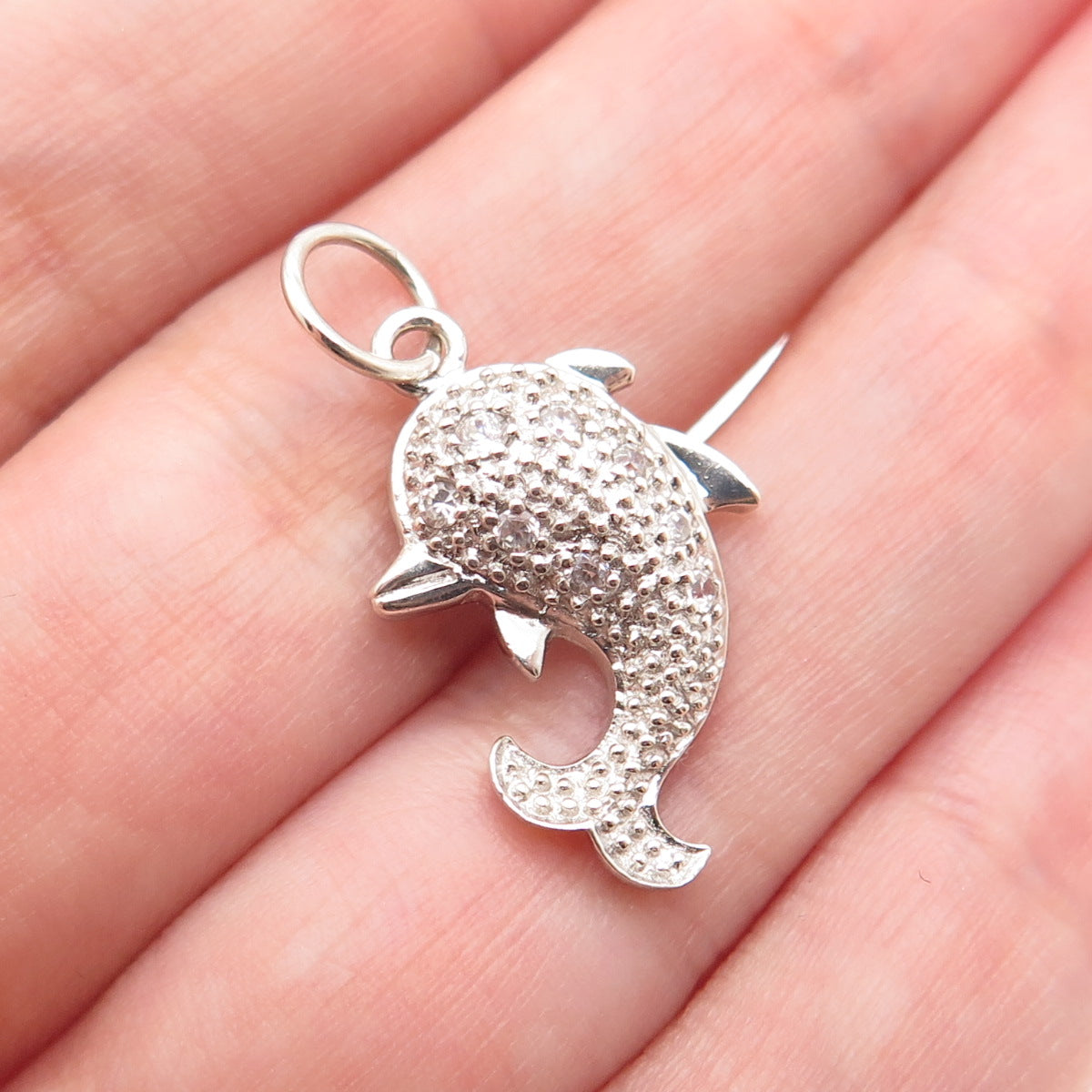 925 Sterling Silver Round-Cut C Z Dolphin Minimalist Charm Pendant