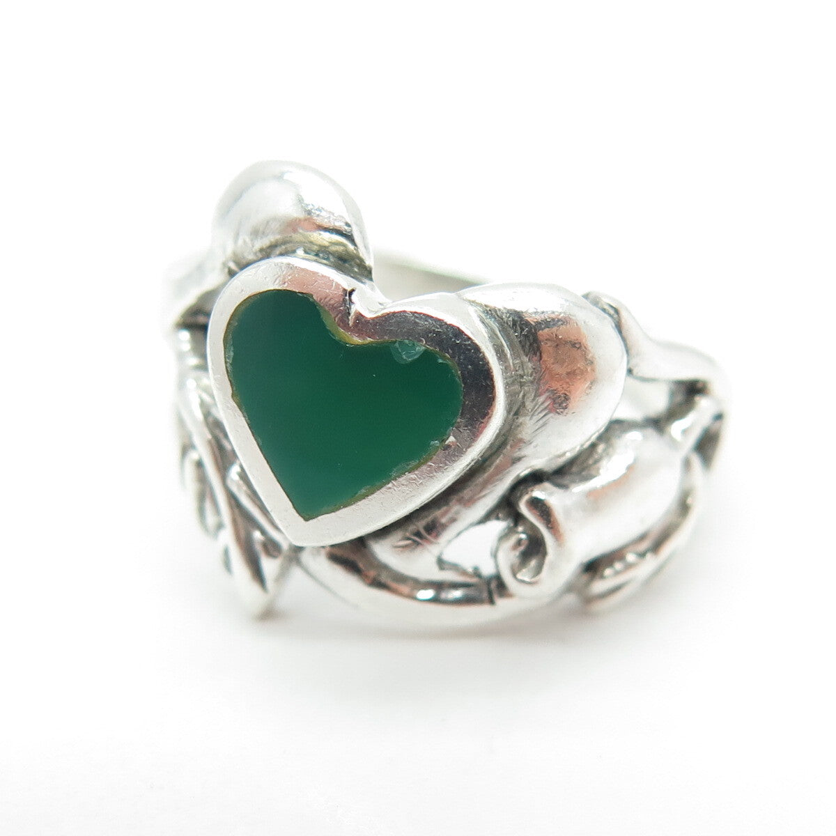 925 Sterling Silver Vintage Real Green Onyx Heart & Flower Ring Size 7.25