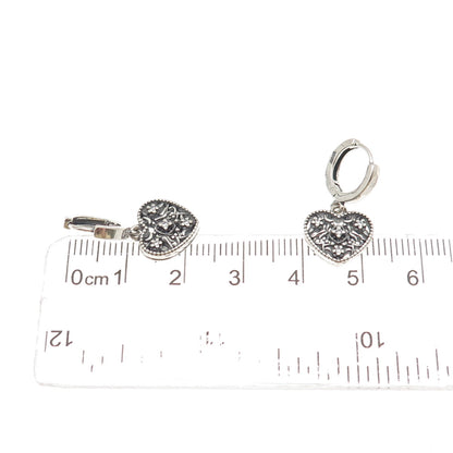 925 Sterling Silver Round-Cut C Z Heart Dangle Charm Hoop Earrings