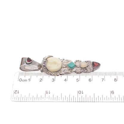 SAJEN 925 Sterling Silver Vintage Real Turquoise Garnet & Agate Goddess Pendant