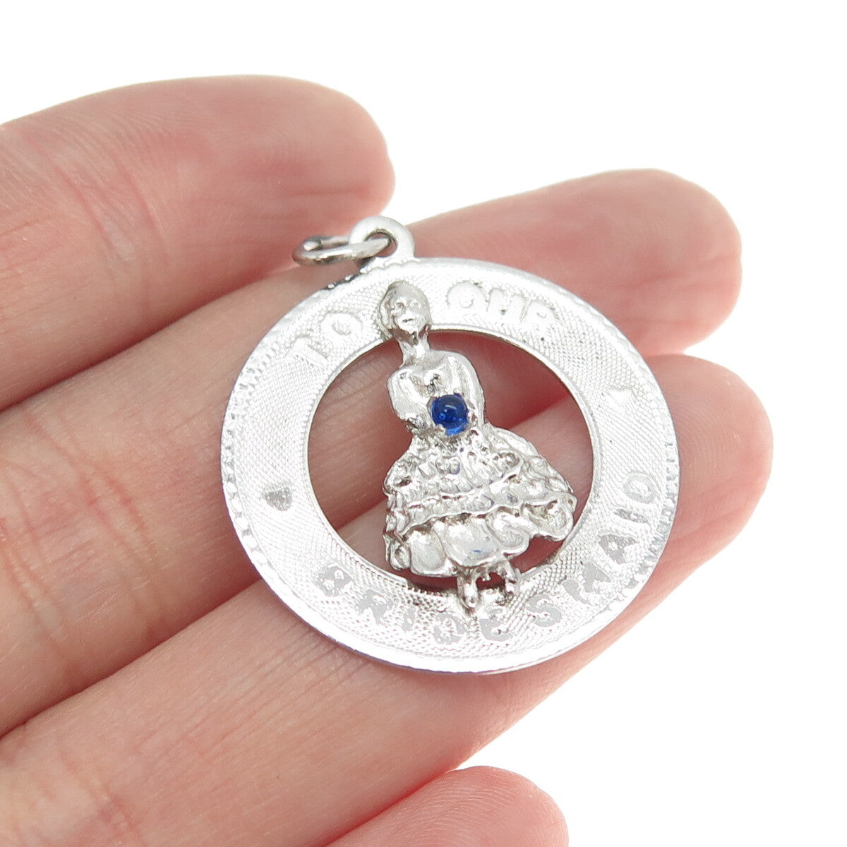 925 Sterling Silver Vintage M&M Blue Glass "To Our Bridesmaid" Round Pendant