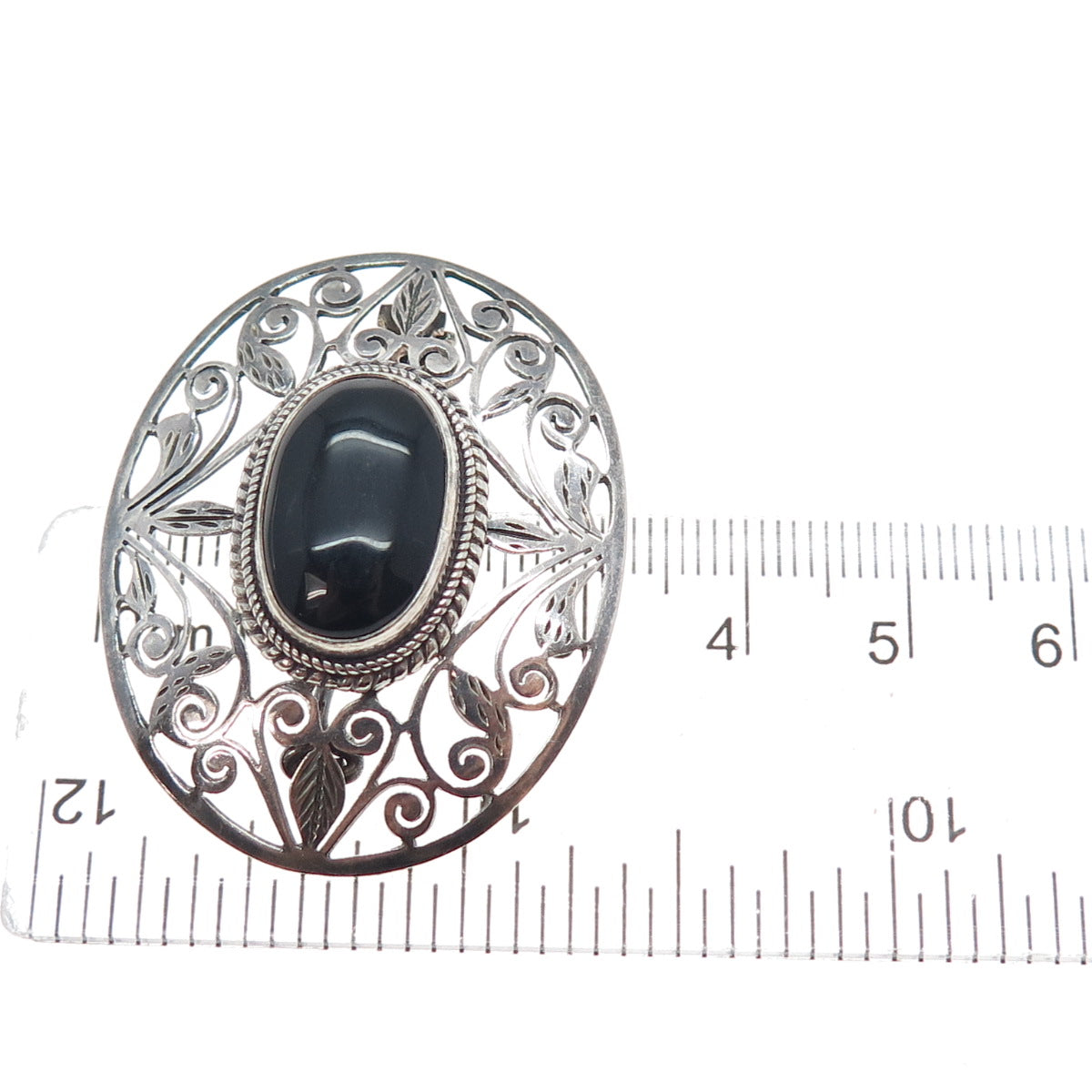 925 Sterling Silver Vintage Real Black Onyx Modernist Floral Oxidized Pin Brooch