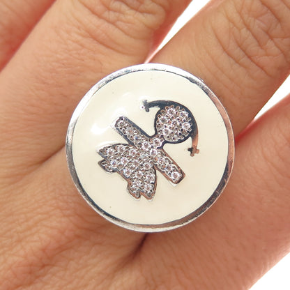 925 Sterling Silver Enamel & C Z Girl Signet Ring Size 7.5