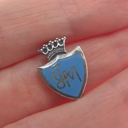 925 Sterling Silver Antique Enamel GM Monogram Crown Coat of Arms Mini Brooch