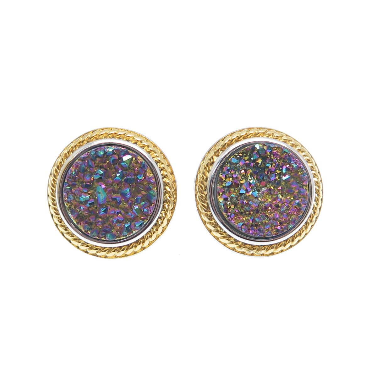925 Sterling Silver 2-Tone Real Rainbow Druzy Round Earrings