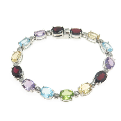 925 Sterling Silver Vintage Real Diamond Accent & Multi-Gem Tennis Bracelet 7"