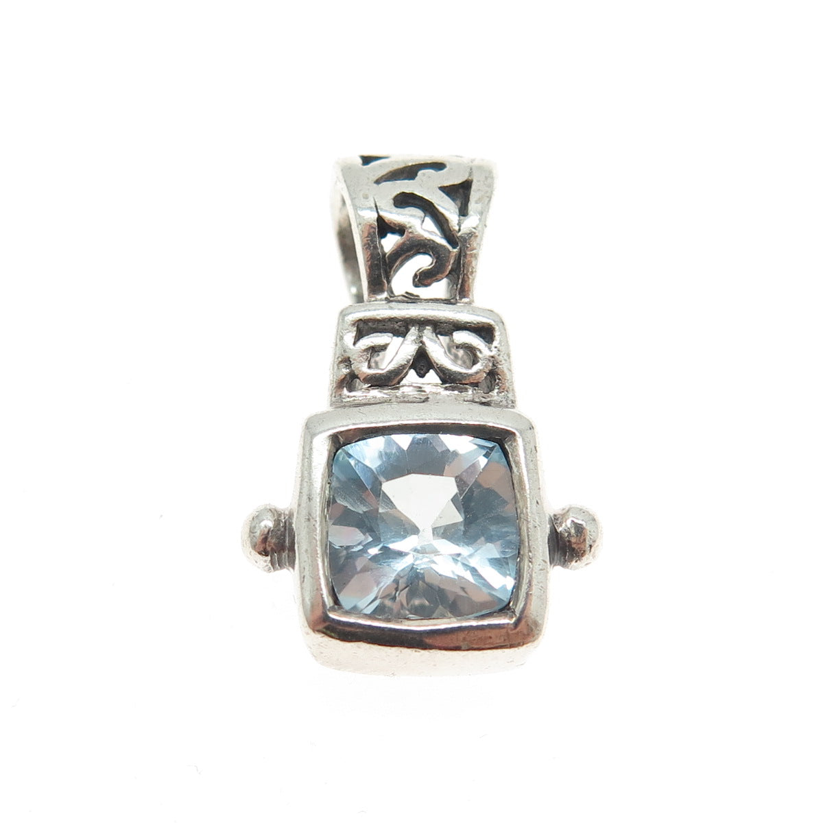 925 Sterling Silver Vintage Real Cushion-Cut Blue Topaz Ornate Pendant