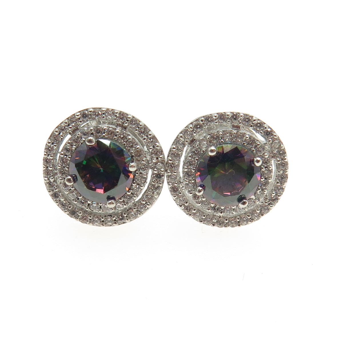 RIIF 925 Sterling Silver Real Round-Cut Mystic Topaz & C Z Stud Earrings
