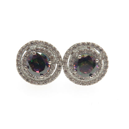 RIIF 925 Sterling Silver Real Round-Cut Mystic Topaz & C Z Stud Earrings