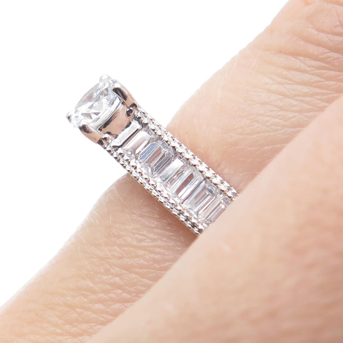 925 Sterling Silver Round & Emerald-Cut C Z Engagement Ring Size 6.75