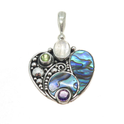 SAJEN 925 Sterling Silver Vintage Abalone Shell Peridot Moonstone Gem Pendant