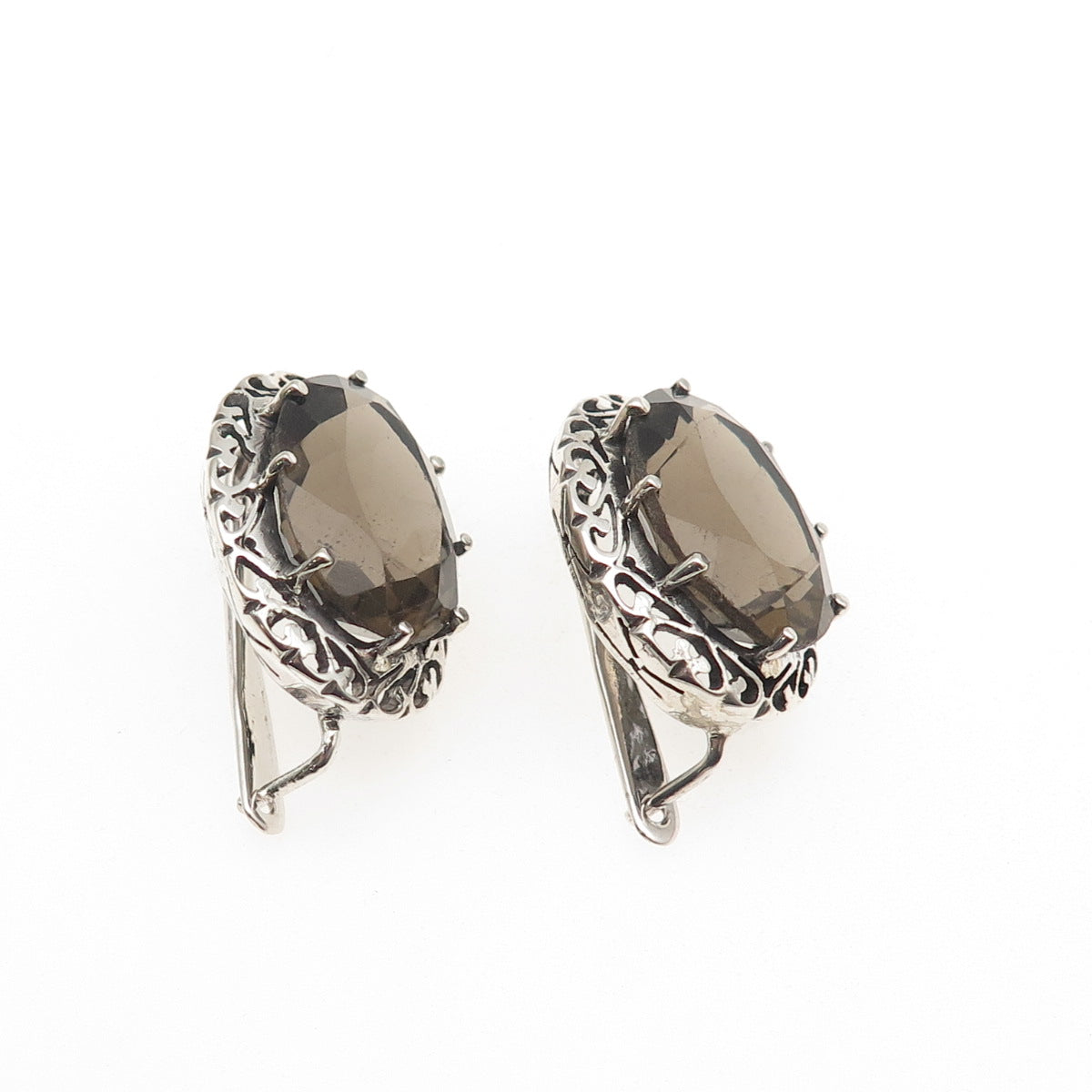 925 Sterling Silver Vintage Real Smoky Quartz Heart Ornate Bezel Earrings