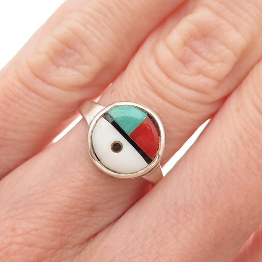 Old Pawn 925 Sterling Silver Vintage Turquoise Coral Onyx & MOP Ring Size 4.5