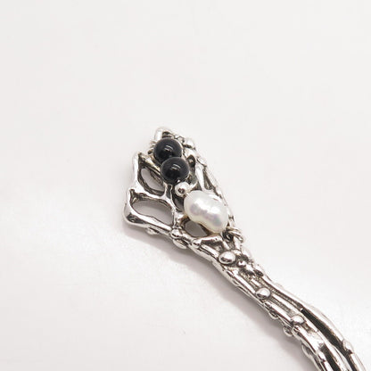 925 Sterling Silver Vintage Real Pearl & Black Onyx Gem Cake / Pie Server