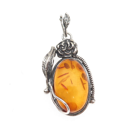 925 Sterling Silver Vintage Real Amber Rose Floral Oxidized Charm Pendant