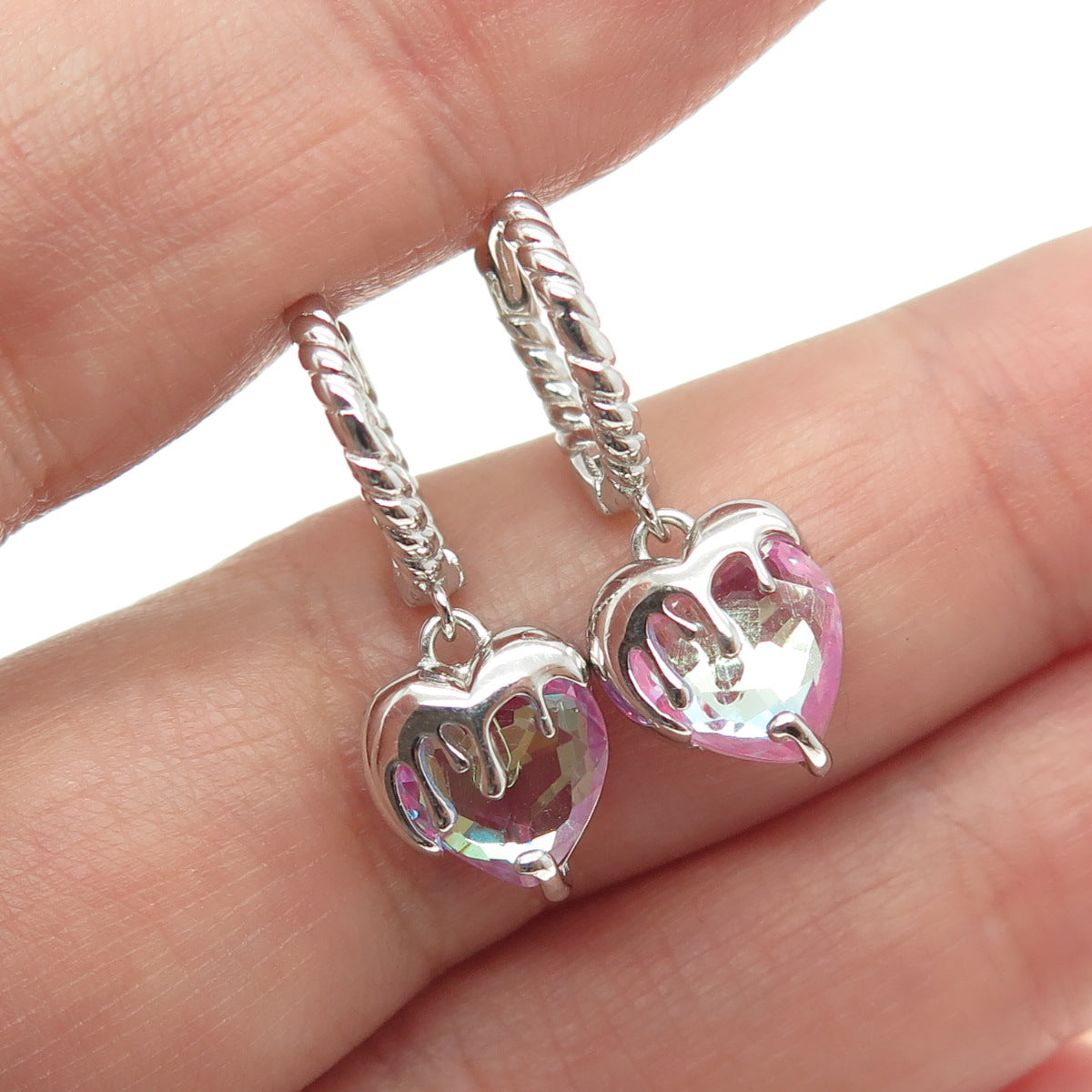 925 Sterling Silver Real Pink Opal Gemstone Heart Dangle Huggie Earrings