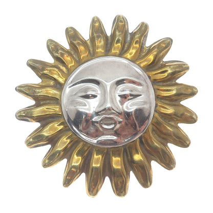 925 Sterling Silver 2-Tone Vintage Mexico Sun Face Pin Brooch / Pendant