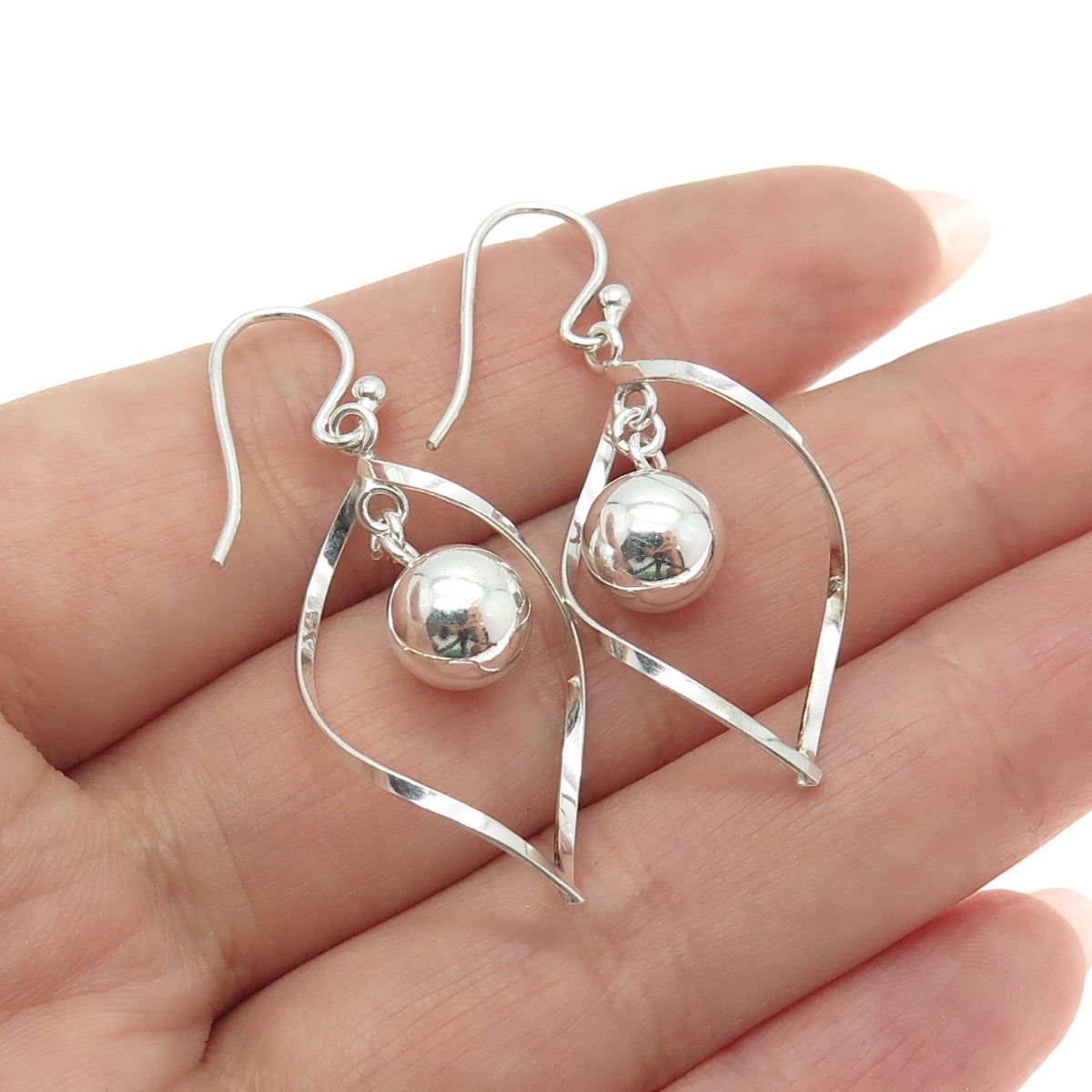 925 Sterling Silver Twisted Modernist Ball Drop Dangle Earrings