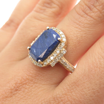 DSMK 925 Sterling Silver Gold Plated Real Diamond & Sapphire Ring Size 9.25