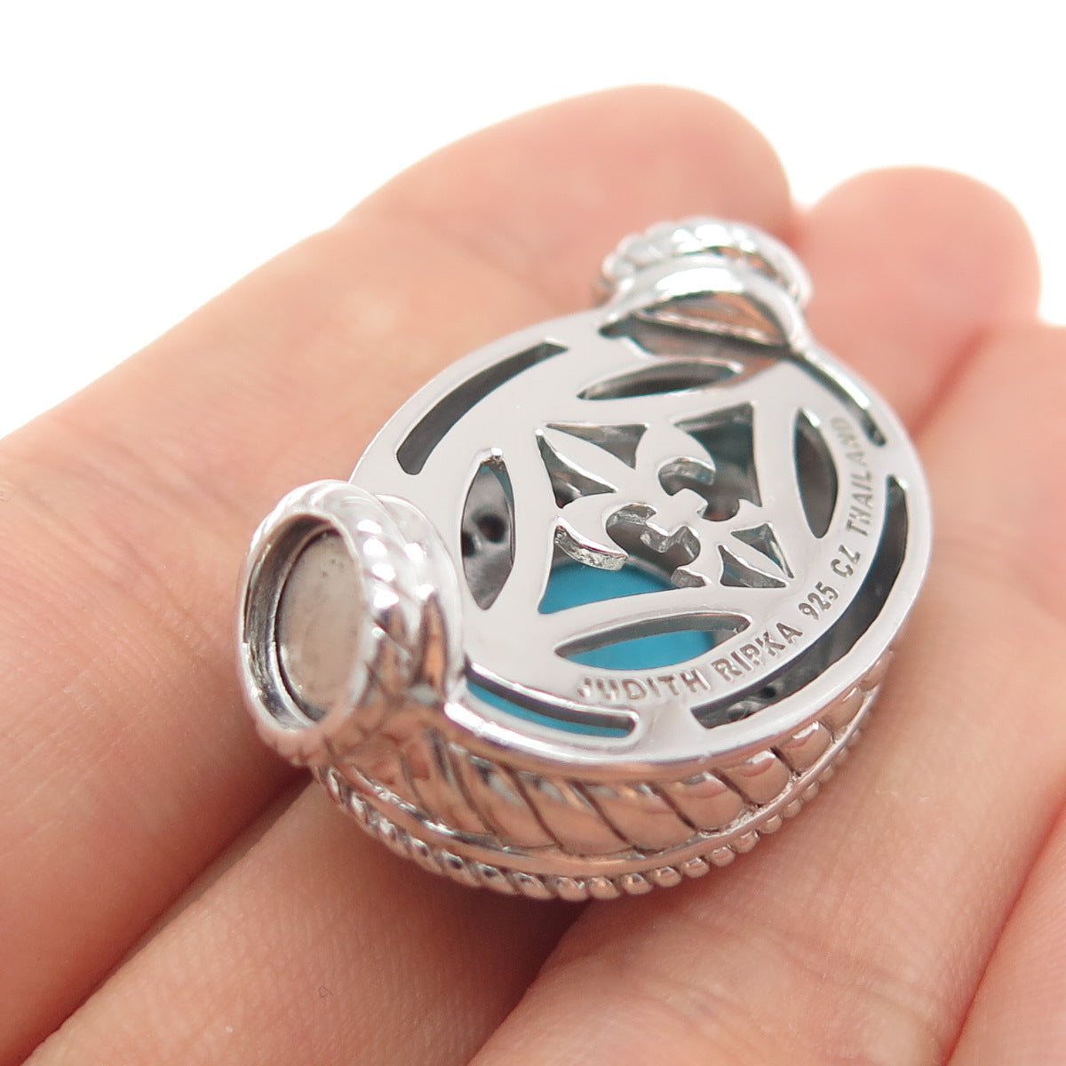 JUDITH RIPKA 925 Sterling Silver Real Tyrone Turquoise & C Z Slide Pendant