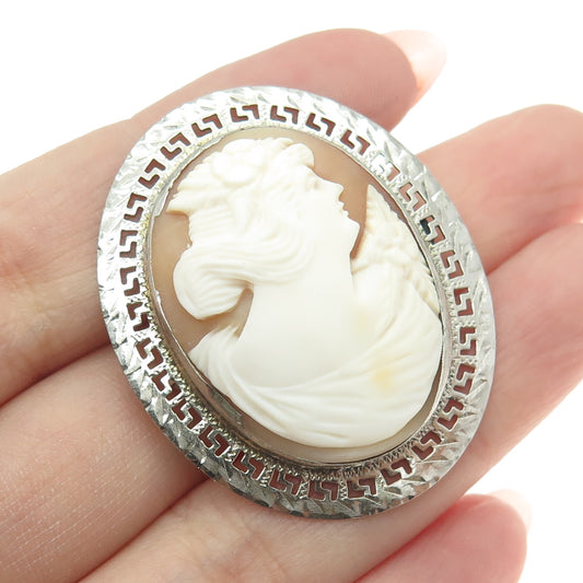 800 Silver Vintage Real Caved MOP Lady Cameo Greek Key Oval Pin Brooch