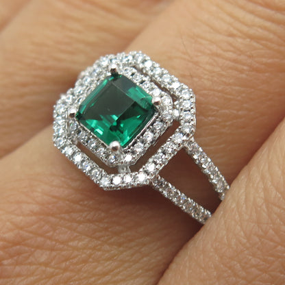 925 Sterling Silver Nano Emerald & Round-Cut C Z Ring Size 9
