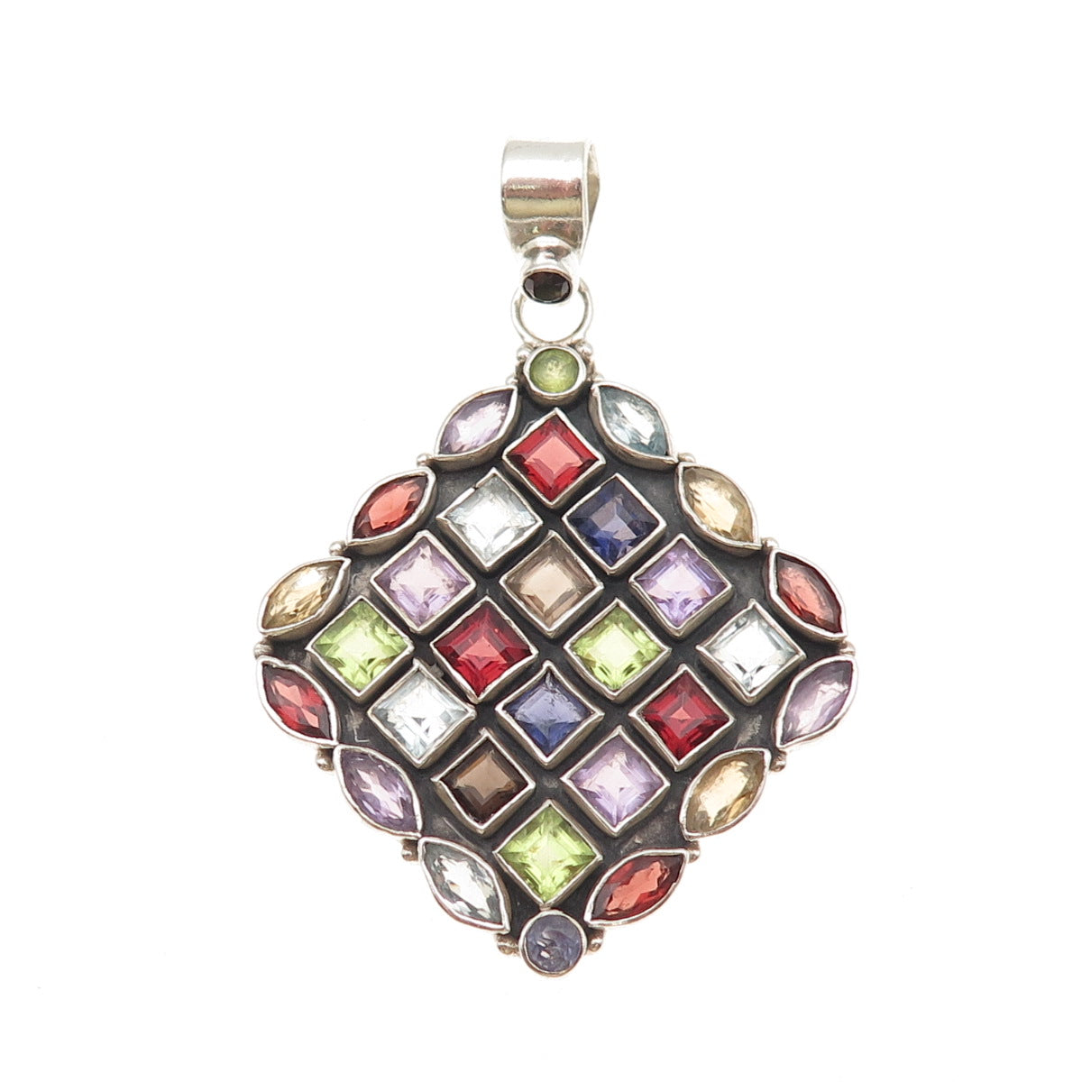 925 Sterling Vintage Real Topaz Iolite Amethyst Citrine Peridot & Garnet Pendant