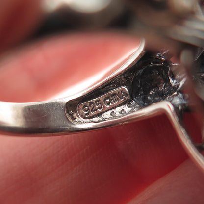 JOY 925 Sterling Silver Vintage Real Red Aventurine Fish Oxidized Ring Size 8.25