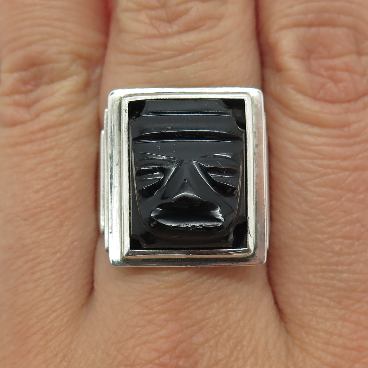 925 Sterling Silver Vintage Real Carved Black Onyx Aztec God Ring Size 8.5