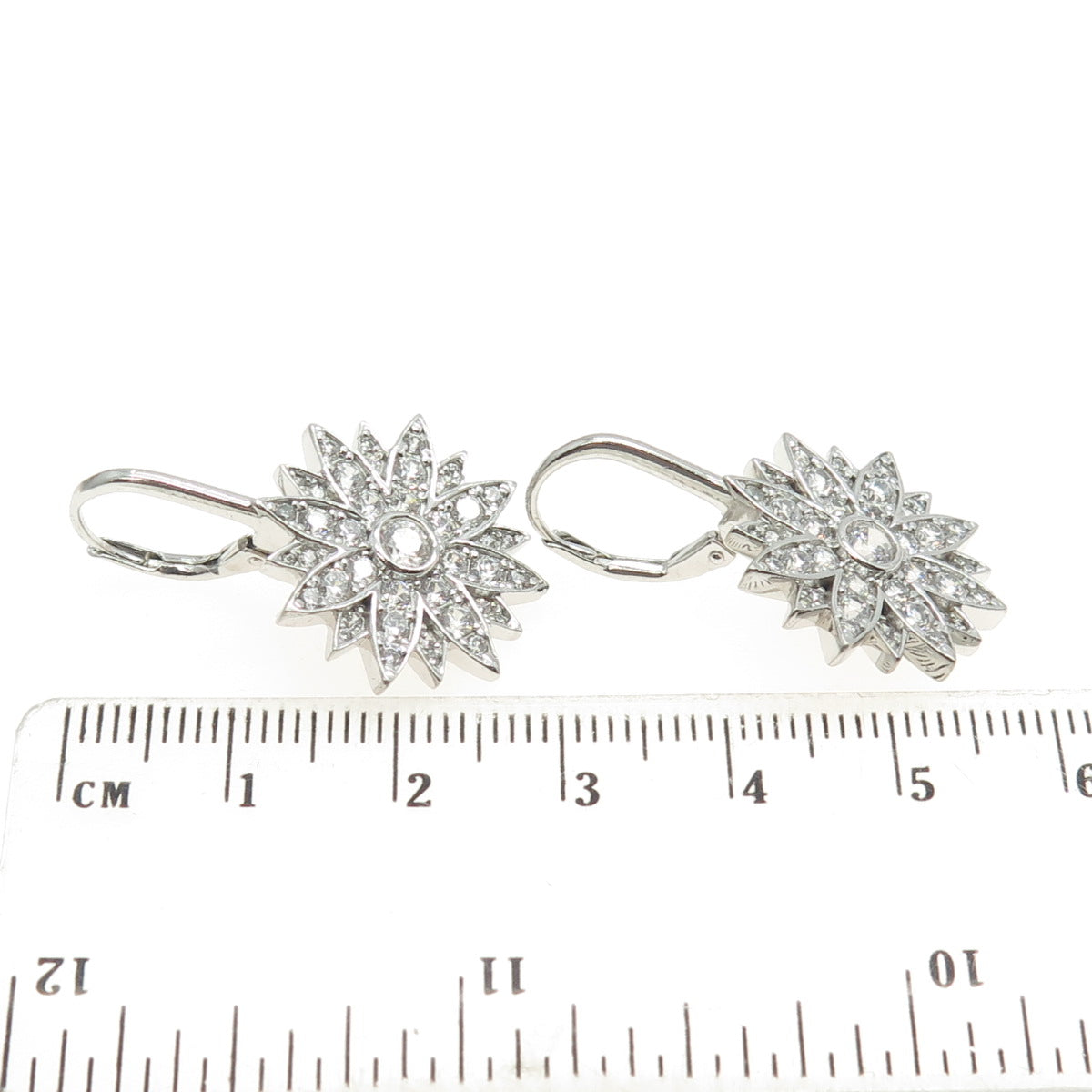 925 Sterling Silver Round-Cut Shaped C Z Floral Dangling Earrings