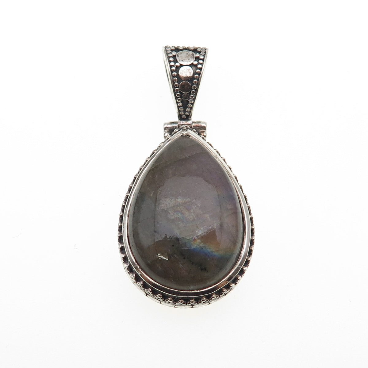 925 Sterling Silver Vintage Real Pear-Cut Labradorite Ornate Oxidized Pendant
