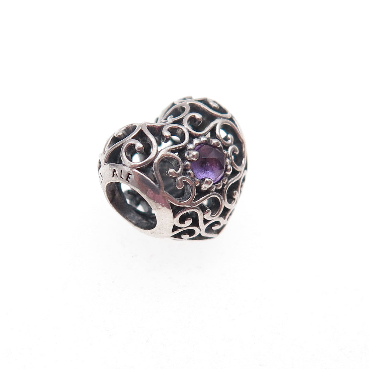 Pandora Sterling Silver Real Amethyst February Signature Heart Slide Bead Charm