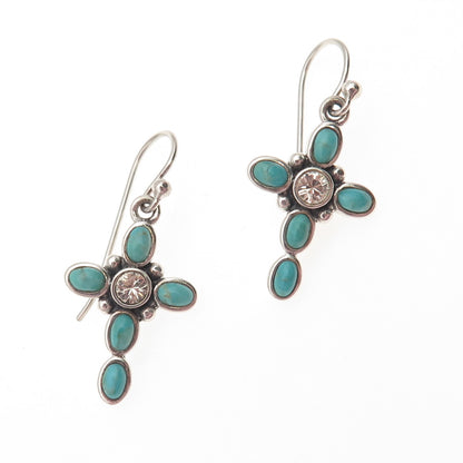 BARSE Sterling Silver Vintage Rhinestone Real Turquoise Cross Dangle Earrings