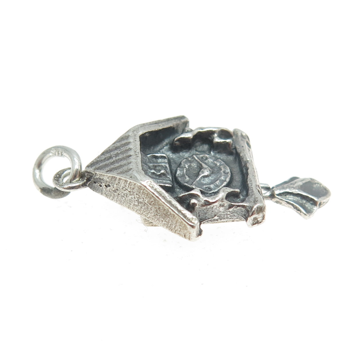 800 Silver Vintage Cuckoo Clock Minimalist 3D Charm Pendant