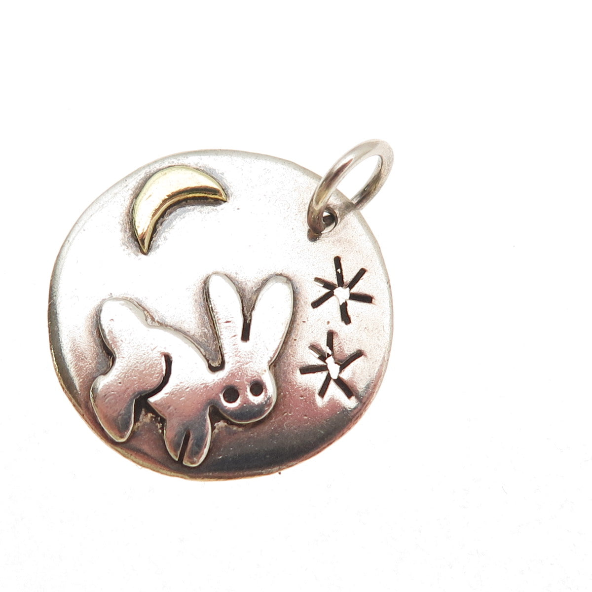 925 Sterling Silver 2-Tone Vintage AHD Mexico Rabbit Crescent Moon Charm Pendant