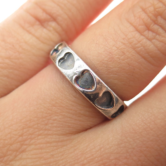 925 Sterling Silver Vintage Heart Oxidized All Around Band Ring Size 6