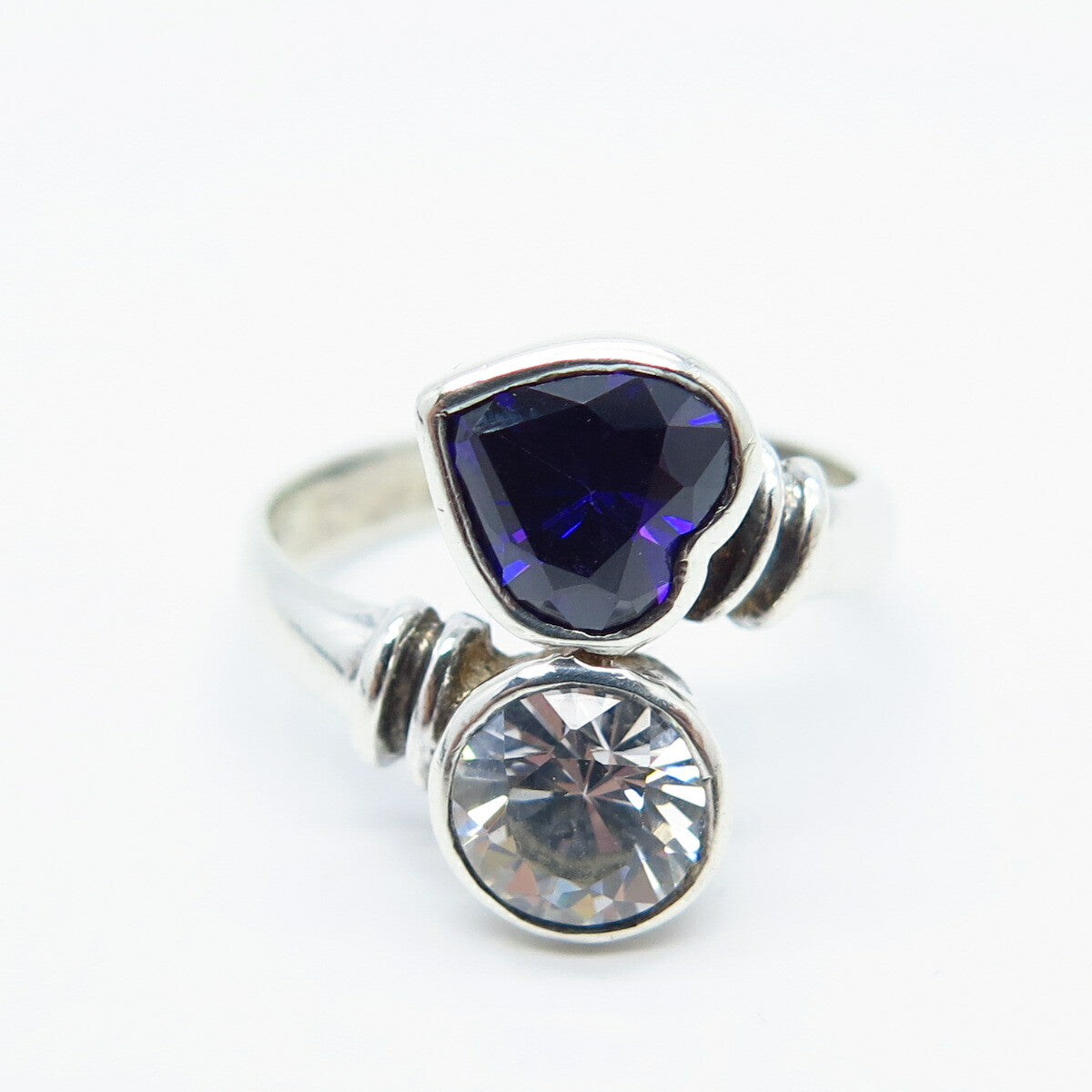 925 Sterling Silver White & Amethyst-Tone C Z Overlap Ring Size 7.5