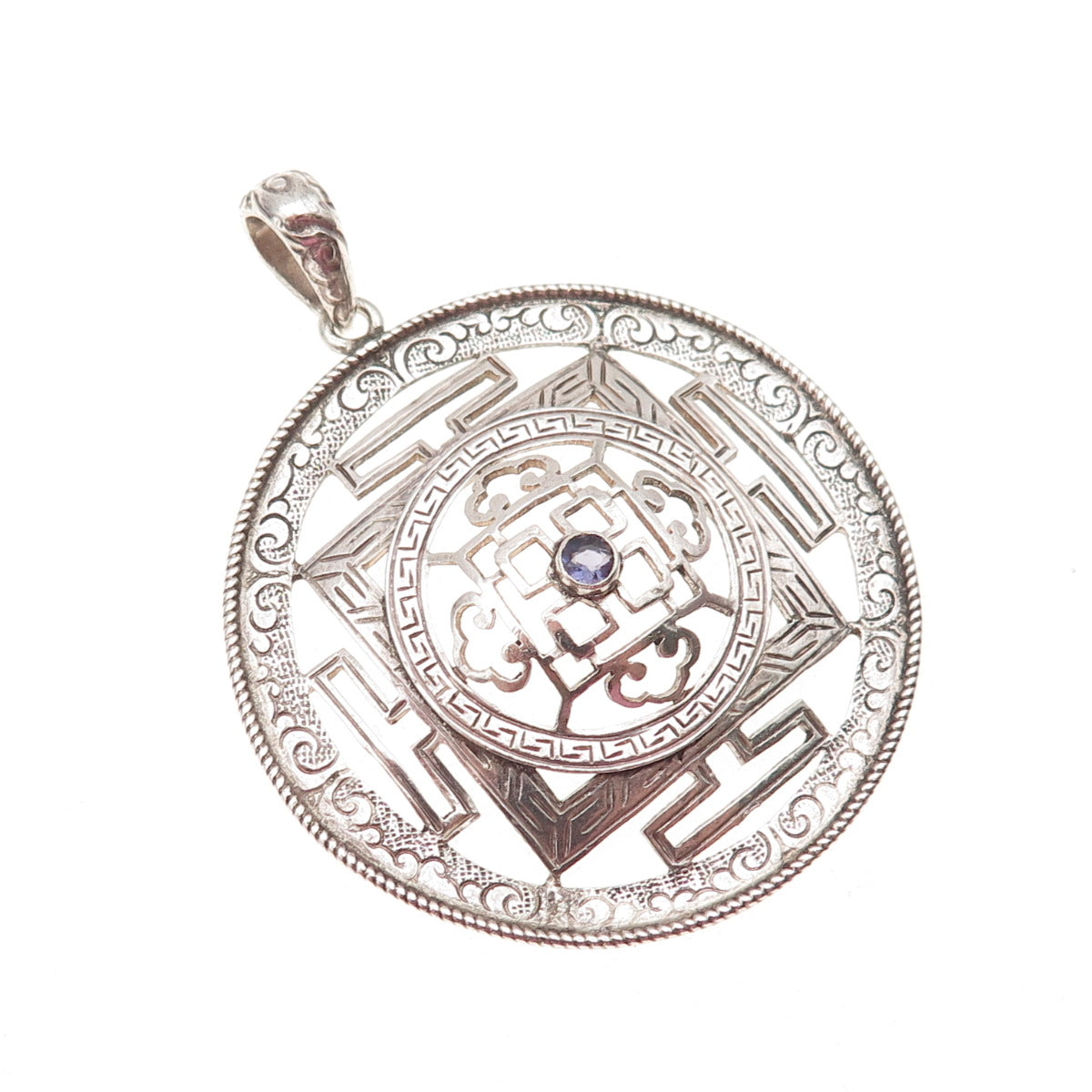925 Sterling Silver Vintage Nepal Real Iolite Tibetan Mandala Oxidized Pendant