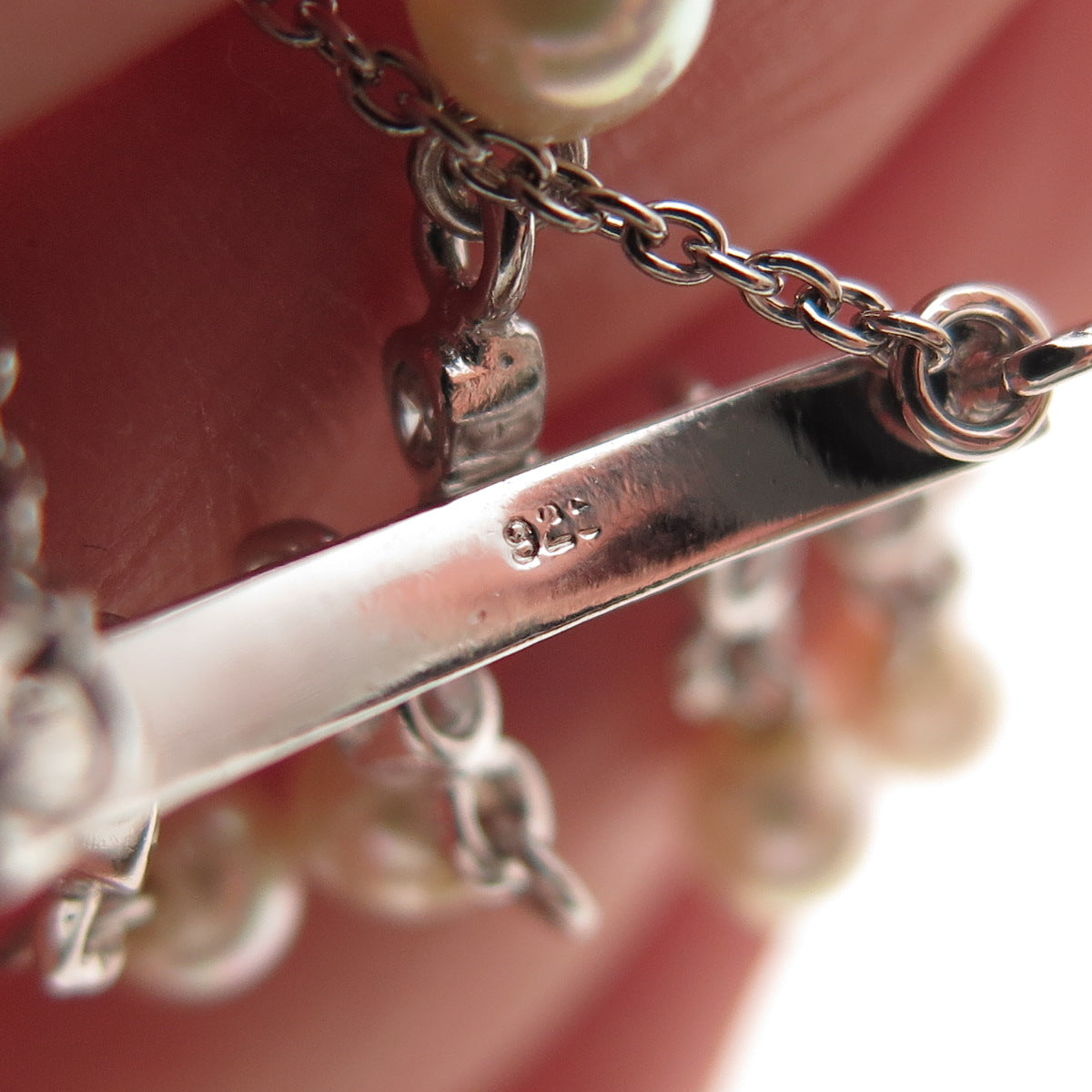 925 Sterling Silver Faux Pearl & C Z Chatelaine Dangle Earrings