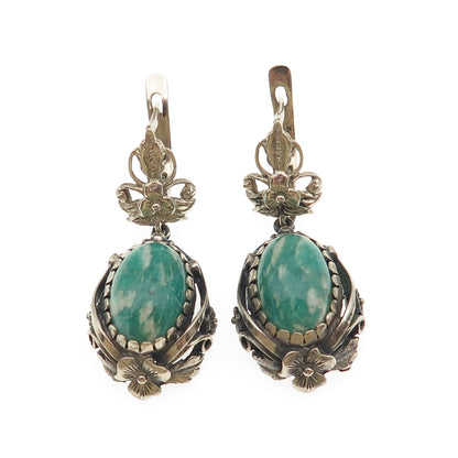 Silver-Tone Vintage Real Cabochon Amazonite Floral Oxidized Dangle Earrings