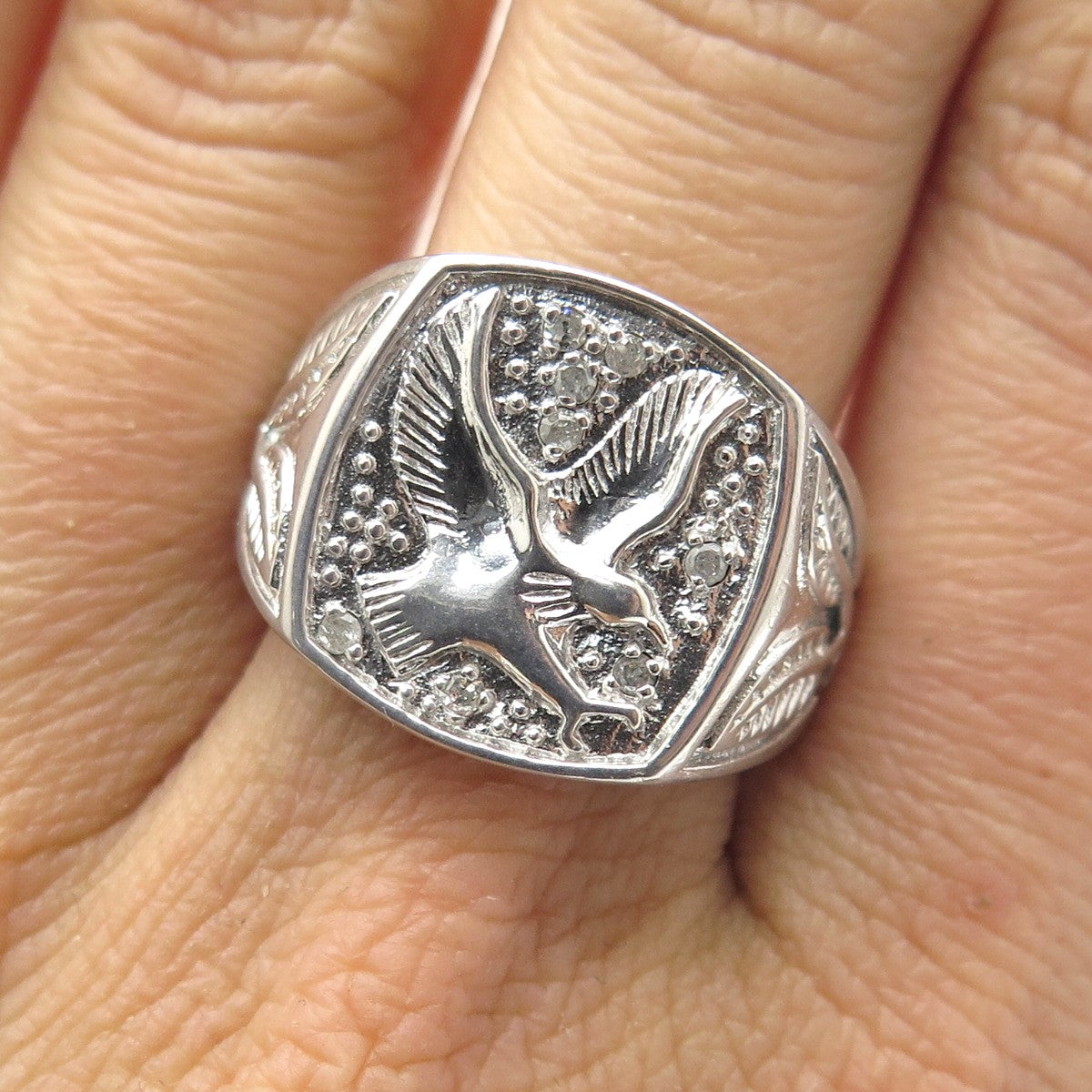 925 Sterling Silver Real Round-Cut Diamond Eagle Signet Ring Size 10.25