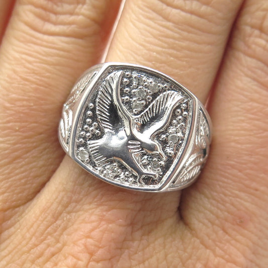 925 Sterling Silver Real Round-Cut Diamond Eagle Signet Ring Size 10.25
